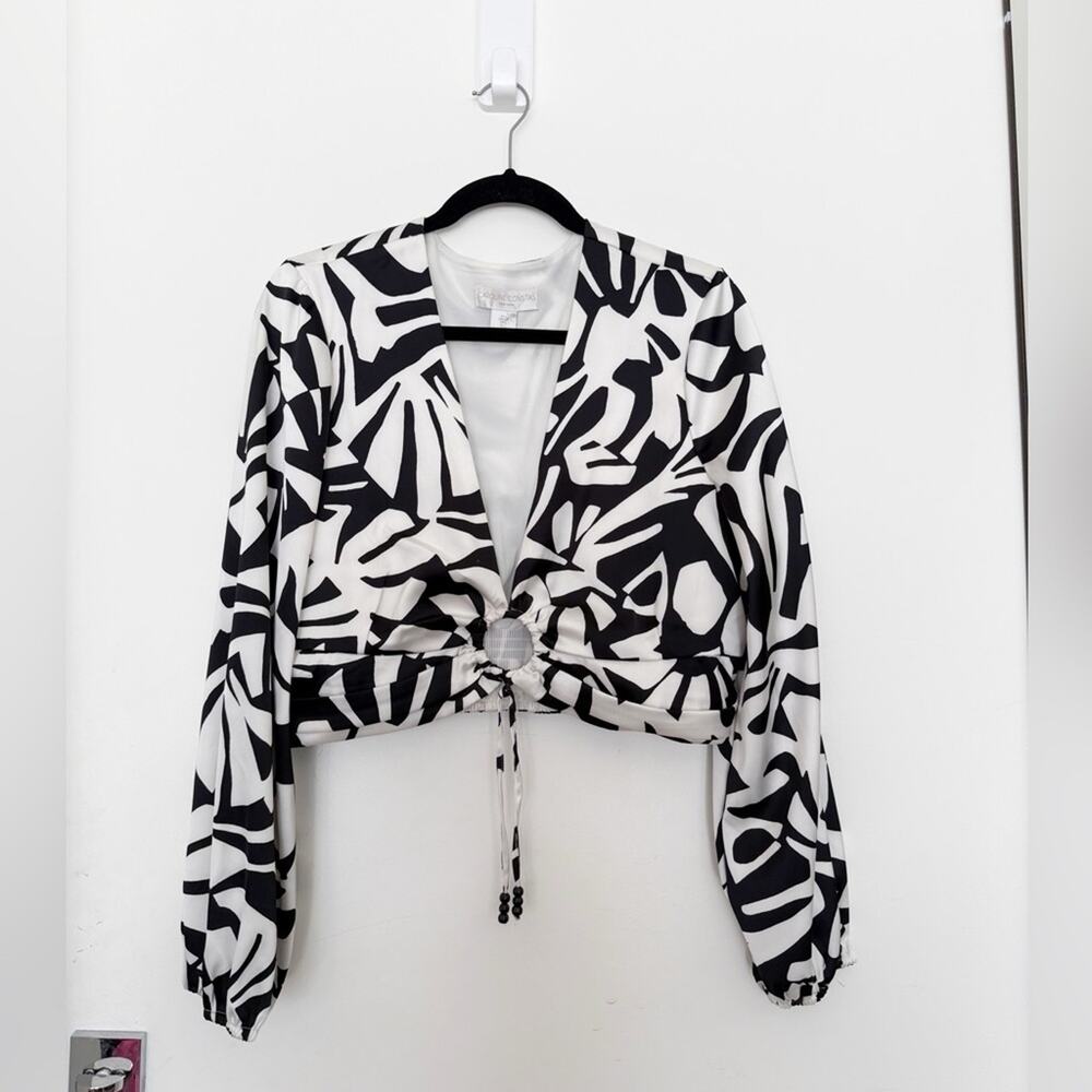 Caroline Constas Black and White Tropical Geometric Keyhole Cut Out Blouse Large - Picture 2 of 6